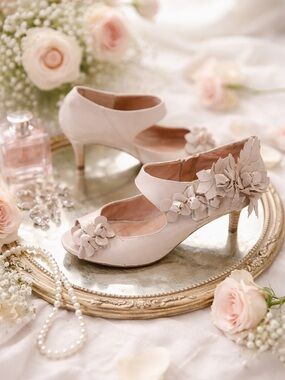 Miss Albright Cream Heels with Floral Appliqués Size 6